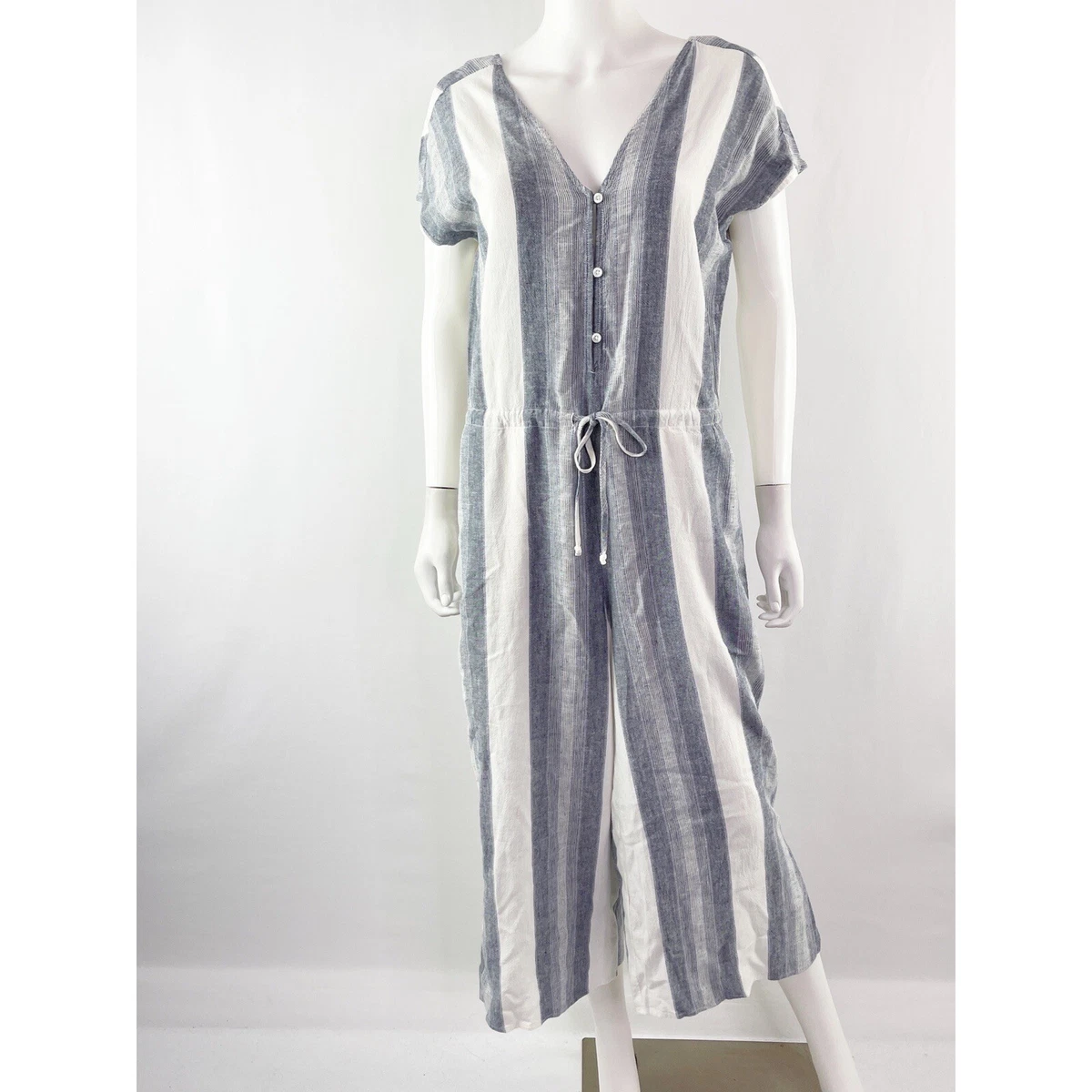 Cloth Stone White and Blue Striped Wide Leg Jumpsuit Linen Blend