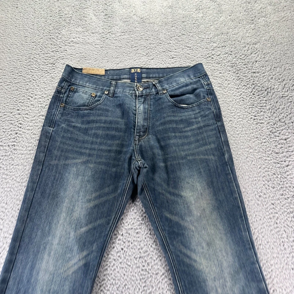 Pantalones de mezclilla vintage Fusai para hombre 34x32 azul lavado oscuro algodón calce relajado recto Foto 2 de 4