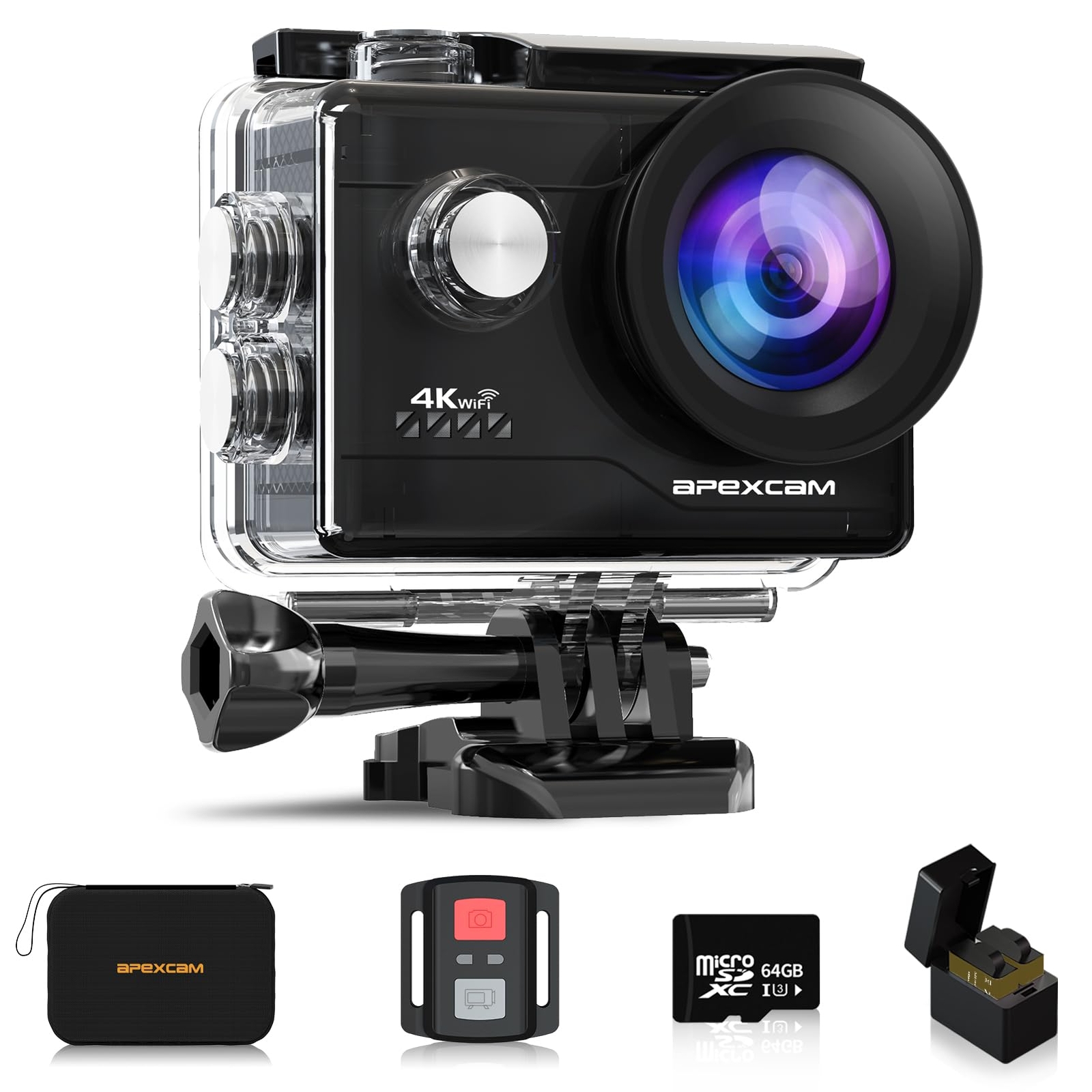 Apexcam Action Camera 4K with 64G SD Card Sports Camera 20MP 131FT Waterproof-image