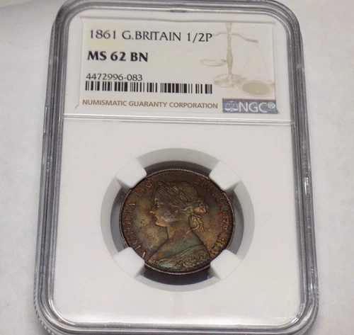 GREAT BRITAIN 1861 1/2 P HALF PENNY NGC MS62 BN MS 62 England Certified UK Coin 