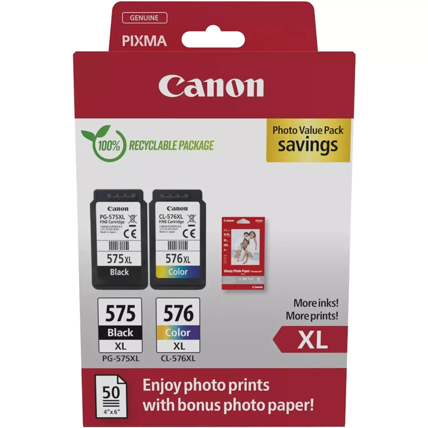 Cartouche Canon 575xl 576xl noir et couleur pack avec papier d'impression inclus