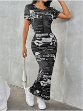 EZwear Newspaper Print Short Sleeve Slim Fir Long Bodycon Dress Sz XS S M L