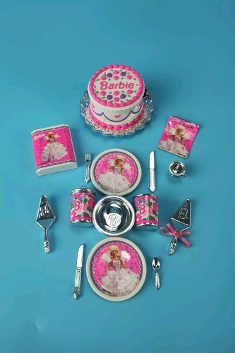 Mattel 1997 Silver Barbie Birthday Miniature Dollhouse Serving Set Cake 15pc Lot - Afbeelding 2 van 12