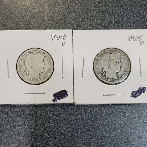 Barber Quarter 1908 & 1915 US 25C Silver Coins Lot of 2  #297