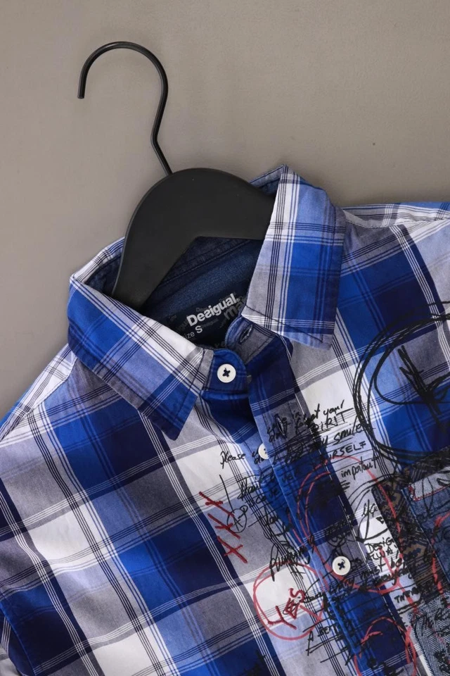 ⭐ Desigual camicetta per uomo taglia 46, S a quadri blu di cotone ⭐ - Immagine 3 di 4
