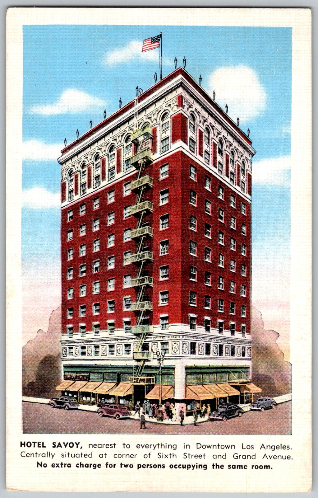 Vtg Linen Postcard Hotel Savoy Fire Escape Los Angeles, CA 1930s