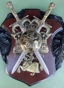 Vintage Medieval Coat of Arms Sword  Plaque Crest Wall Hanging 11”