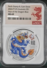 2024 Australia Stamp and Coin Lunar Blue Dragon 1 oz Silver Coin NGC MS 69