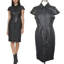 CALVIN KLEIN Black Faux Leather Shirt Dress Size 8 Cap Sleeve Sheath