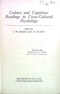 Culture and Cognition: Readings in Cross-Cultural Psychology. Berry, J.W. and P.