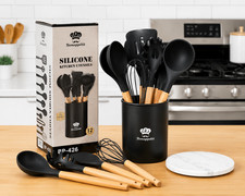 Bonappétit 12pc Silicone Kitchen Utensil Set Wooden Handles Holder Black Grey