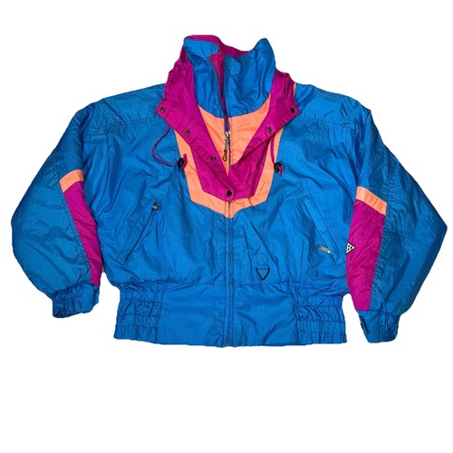Vintage Black Bear Ski Jacket Unisex Small Teal Pink Neon 80s 90s Made In Korea
