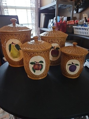 4 Noble Excellence Vintage Wicker Green Canister Containers w/ Fruit