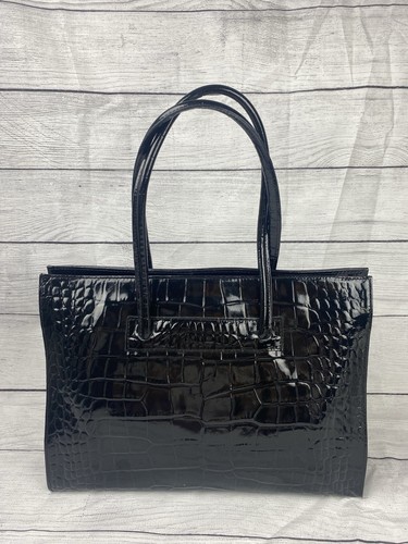 Borse in Pelle Made Italy Schwarz Leder Handtasche Beuteltasche Krokodildruck Aktentasche - Bild 1 von 8