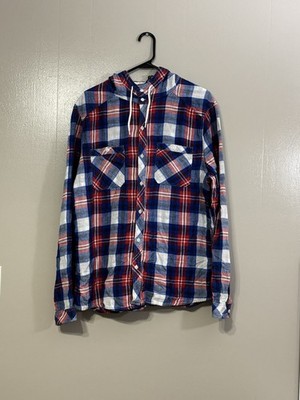 H&M Divided Shirt XL Blue Red Plaid Button Down Hooded Chest Pockets     C113