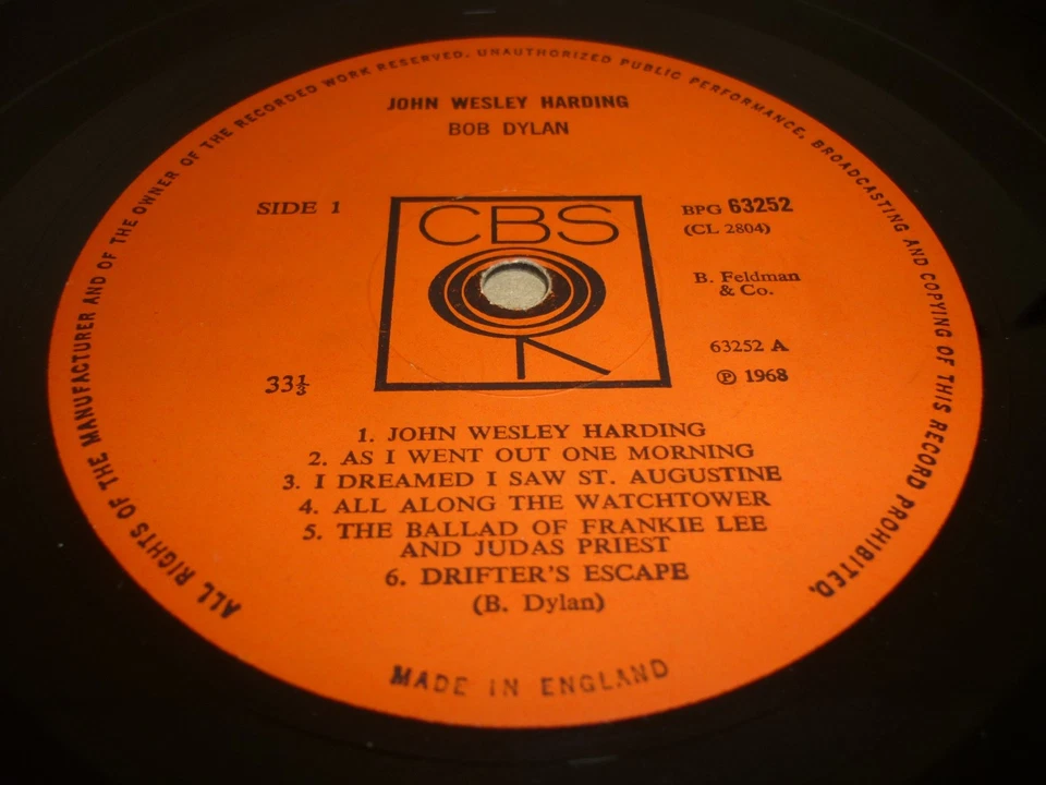 BOB DYLAN ' JOHN WESLEY HARDING '  ORIG UK 1968 LP  CBS 63252 ORANGE LABEL EX - Image 2 of 4