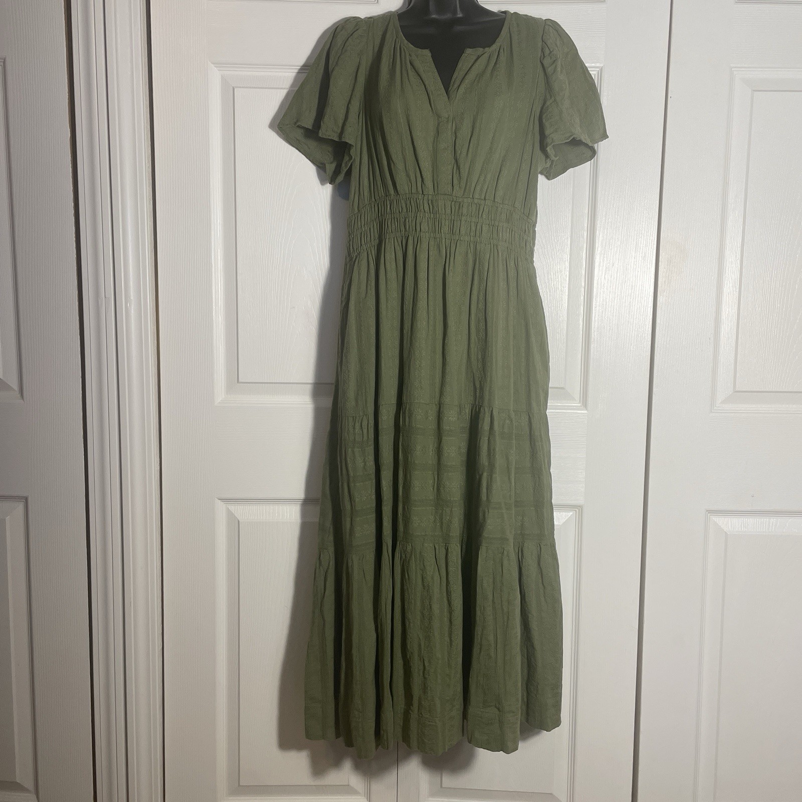 Anthropologie The Somerset Maxi Dress Petite L Green Cotton Smocked Tiered Boho