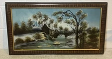 Antique Large Reverse Painted Glass Painting Old Grist Mill Russell Old Frame