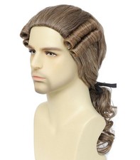 Colonial Style Historical Costume Wig, Men's Curled Judge Ponytail Design Li...