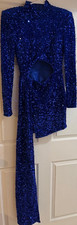 Womens Blue Sequin Long Sleeve Asymmetrical Dance Dress Costume w/ Sash