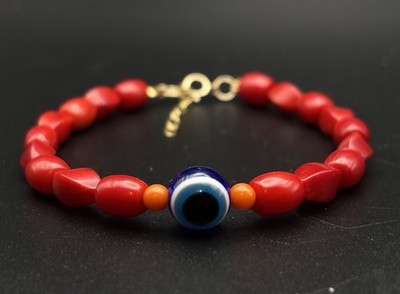 14k GF Evil Eye natürliche rote und orange Korallen Schutz und Glück Armband 7,5-9''