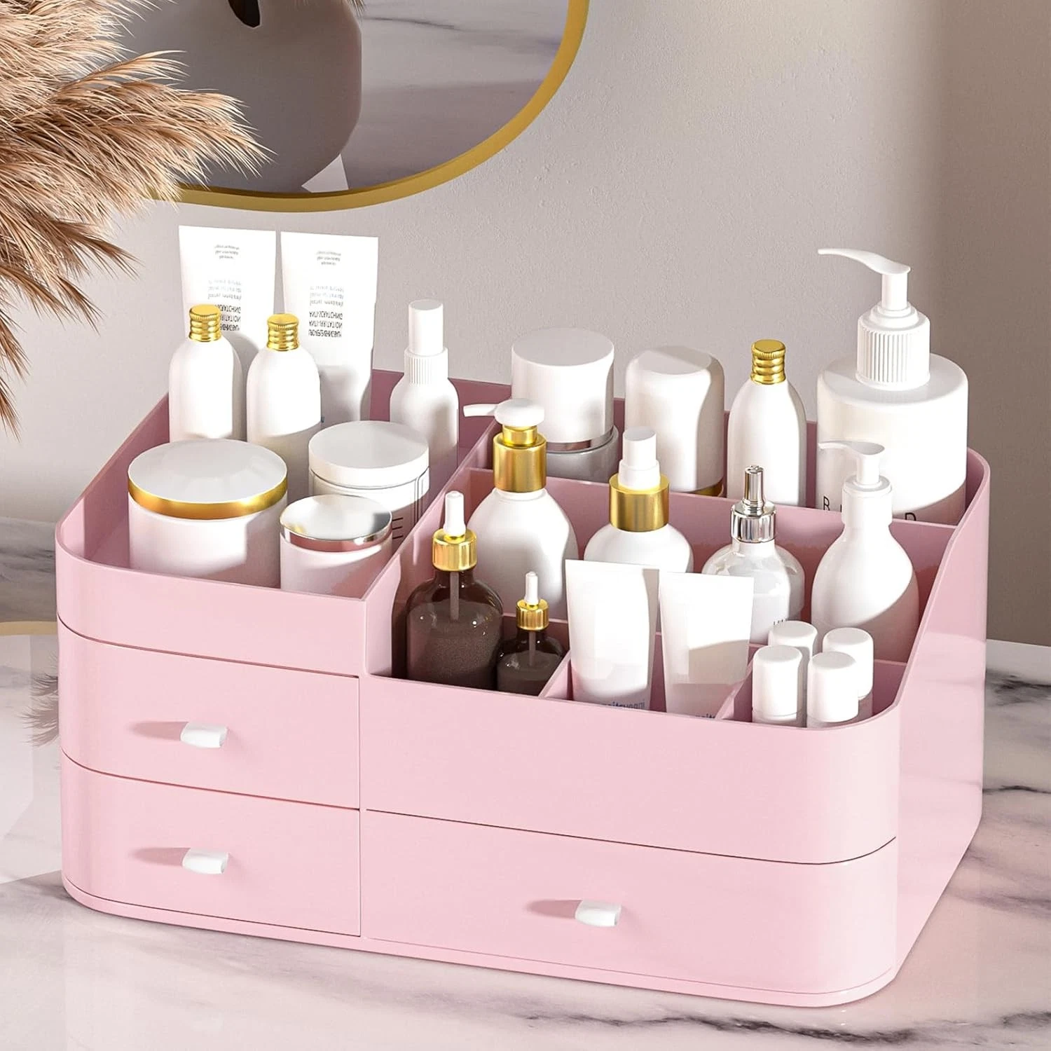 MIUOPUR Makeup Organizer for Vanity, Large Capacity Desk Large, Pretty Pink