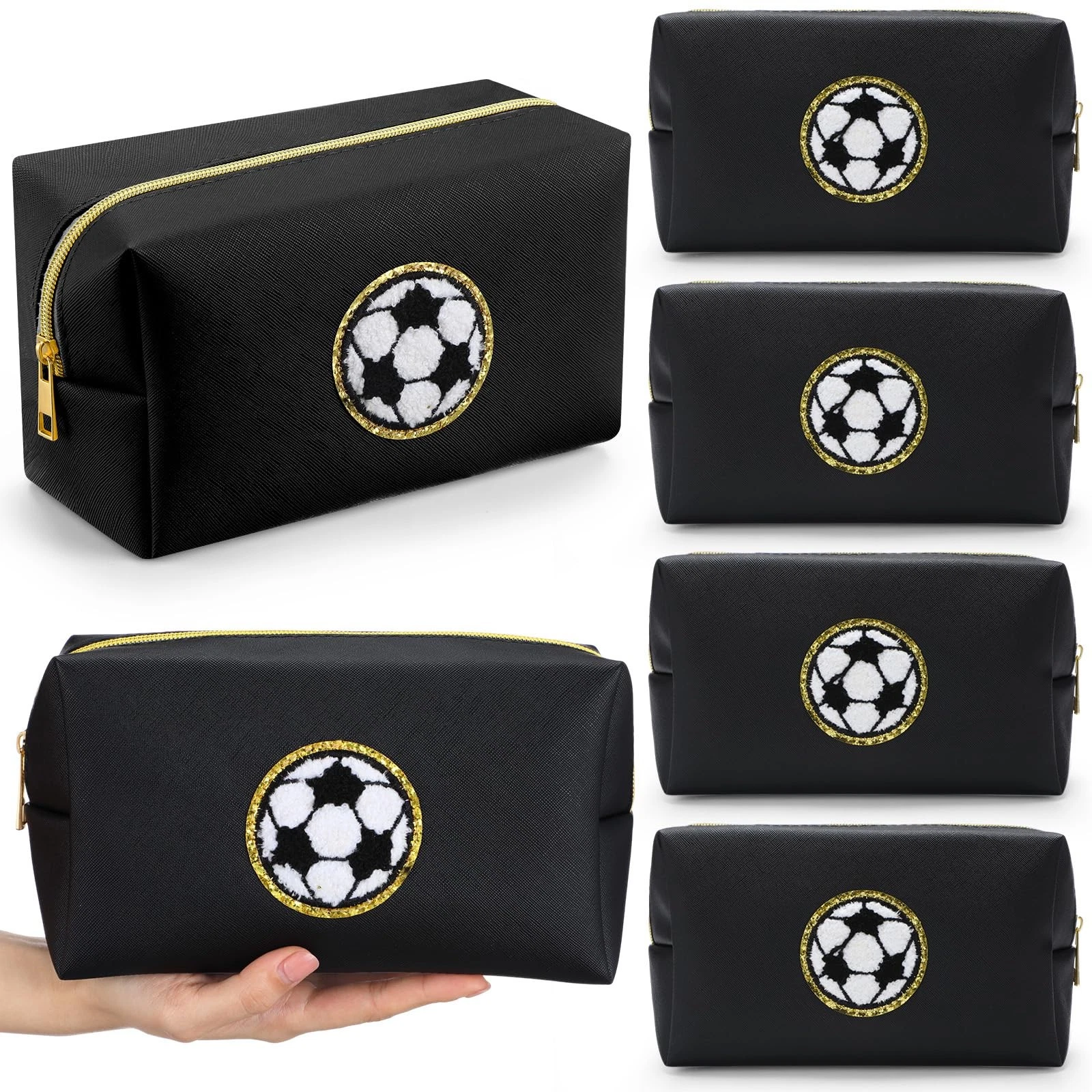 6 Pcs Soccer Makeup Bag for Women PU Leather Waterproof Travel Cosmetic Bag T...
