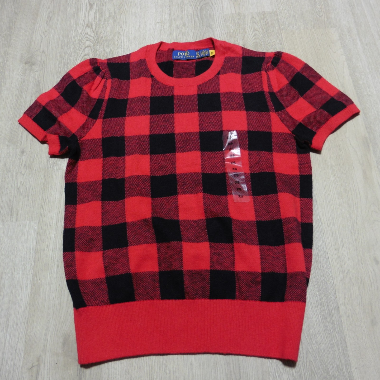 Polo Ralph Lauren Women's XS Cotton Wool Sweater Red Black Buffalo Plaid SS