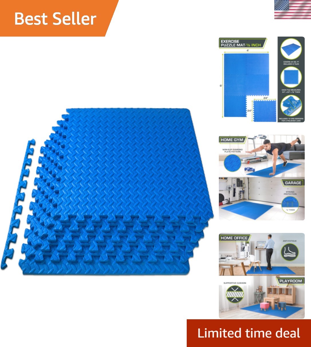 Home Gym EVA Puzzle Mat - Non-Toxic, 6 Interlocking Tiles for 24 Sq Ft Coverage