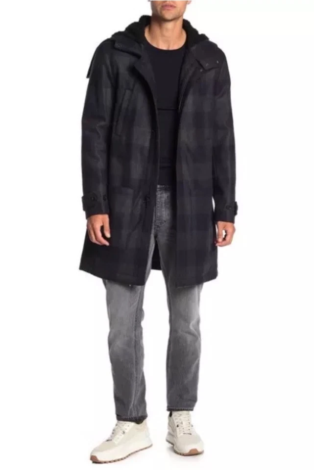 VINCE Checked Faux Shearling Trim Duffle Mens Coat Jacket Wool Blend Size M $895 - Image 4 of 4