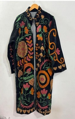 Women Boho Embroidered Long Velvet Jacket Floral Ethnic Kimono Coat Style Gifts