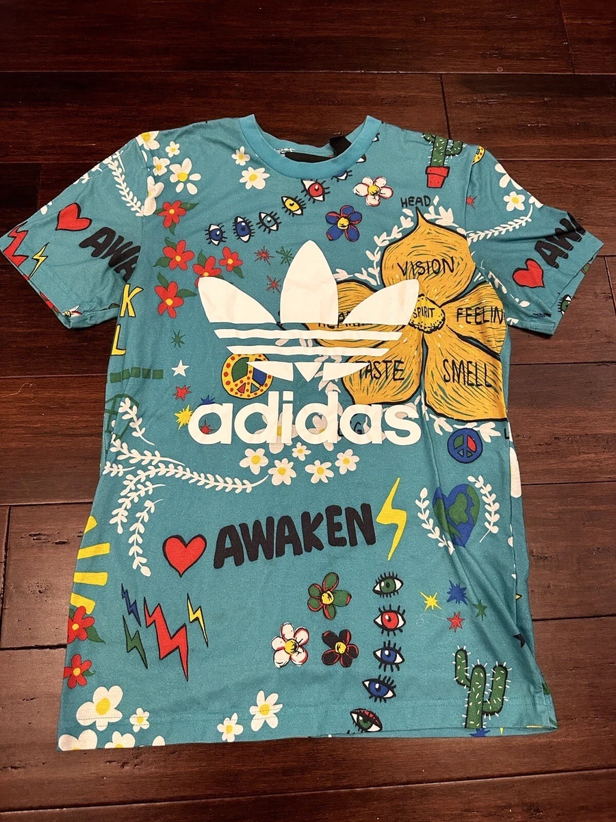 Adidas Pharrell Williams Doodle T Shirt S Aqua Blue 2016 Rare Flowers Human Race