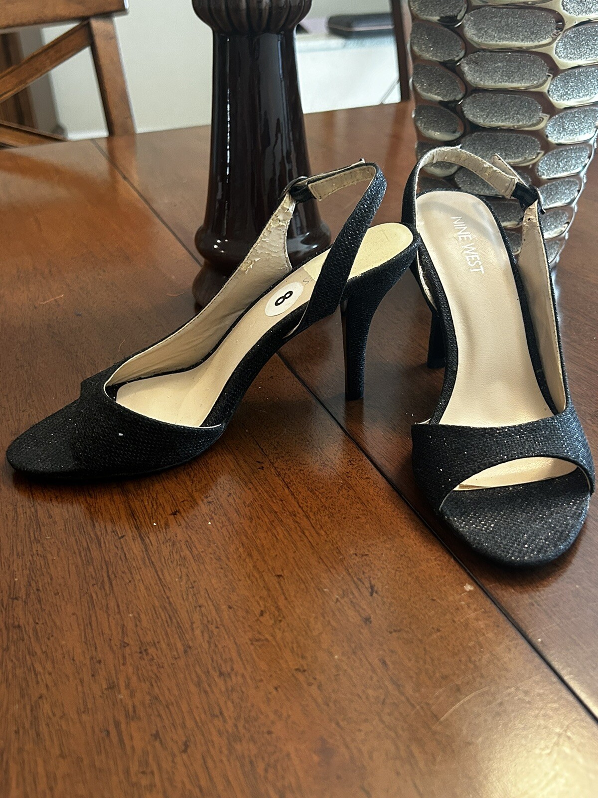 Nine West Sharina Shimmer Black Sling Back Peep Toe Pumps Heels