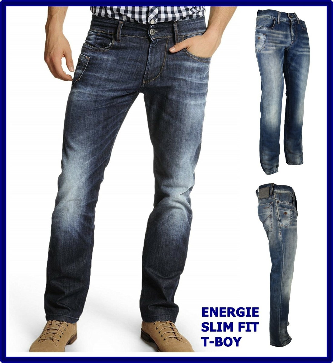jeans denim energie da uomo slim fit vita bassa gamba dritta
