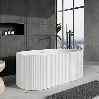 WELOVE Modern Oval Freestanding Bath Tub Fluted Design 1500mm White Reinforced Acrylic