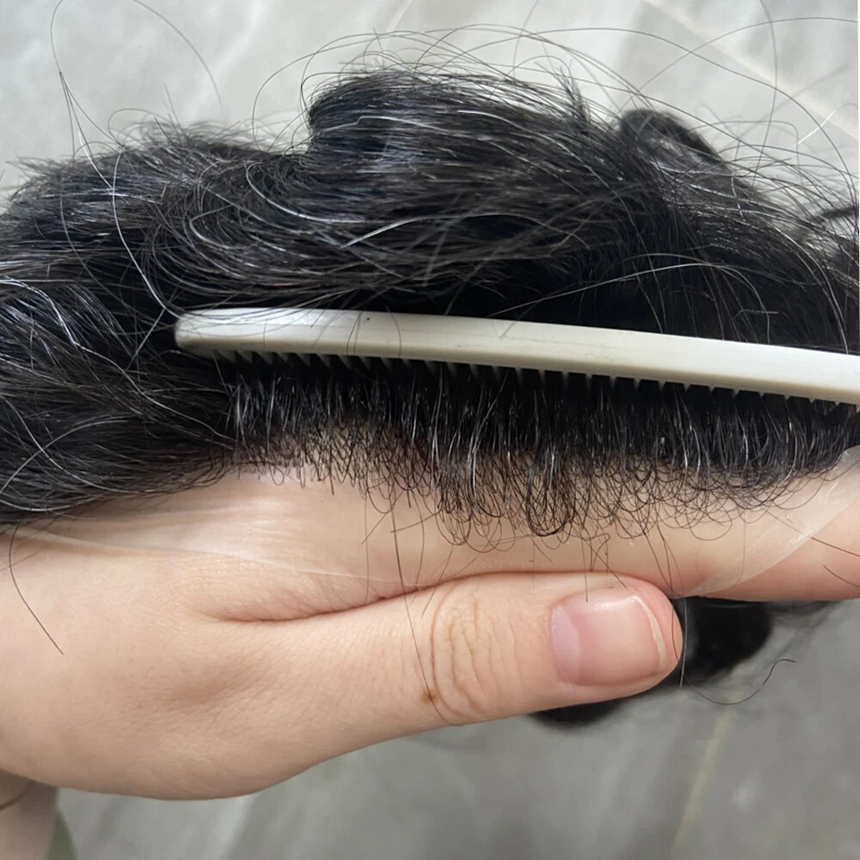 Супер тонкая кожа 0,02 мм силиконовая мужская накладка натуральный волосяной покров серый 100% человеческие волосы - Изображение 4 из 4