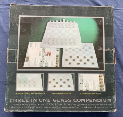3 teiliges Glas Spiele Set: Schach, Dame, Backgammon, komplett, mit Karton 