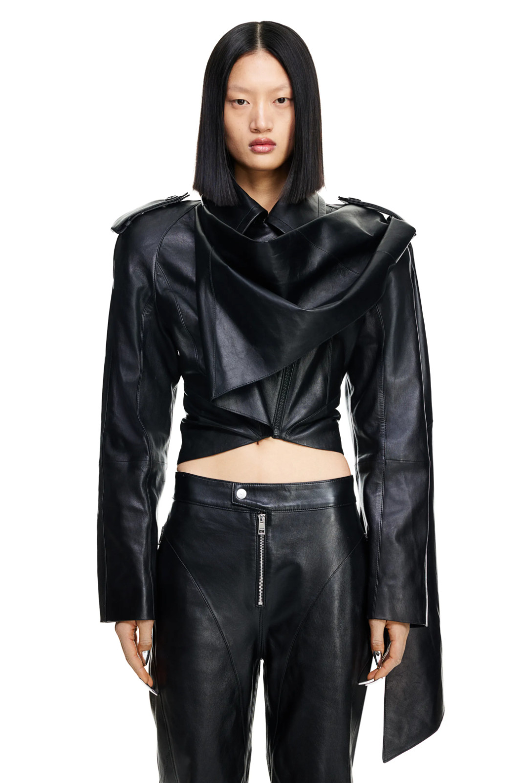 BNWT MUGLER H&M SCARF DETAIL LEATHER JACKET in BLACK sz M image 4