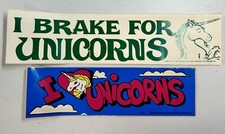 Vintage 1988 Bumper Stickers American Gag Bag I    Love Unicorns Brake For Modco
