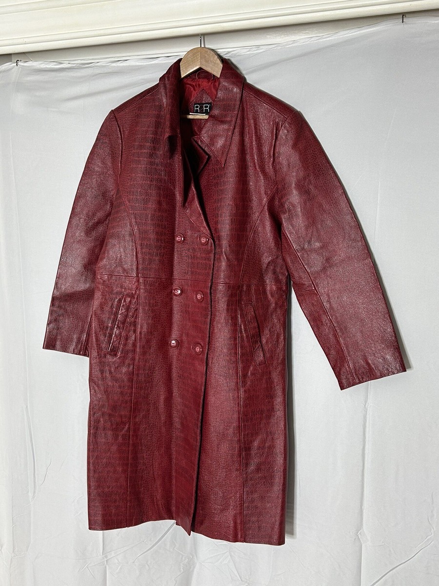 Womens Leather Coat Trench Red Black L Snakeskin 90s 2000s Vintage