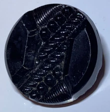 Antique Jet Black Glass Button Beaded Textured Mixed Geometric Tunnel Shank 1/2"