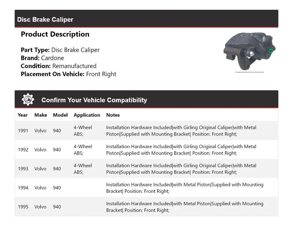 Pinza de freno de disco delantera derecha cardone 1992 1993 1994 para Volvo 940 1991-1995 Foto 2 de 4