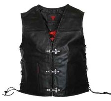 Men's Classic Side Laces Fish Hook Motorcycle Black Leather Vest Concealed Carry