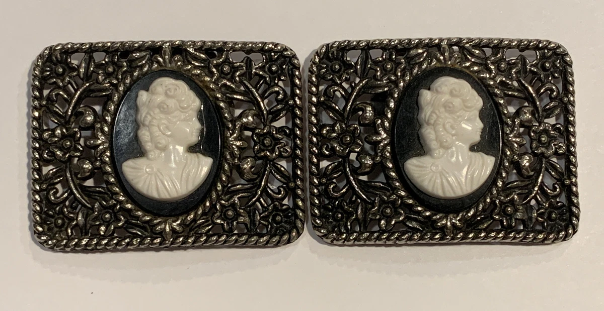 Vintage Signed Tip Toe Black White Cameo Shoe Clips Silver Tone Floral