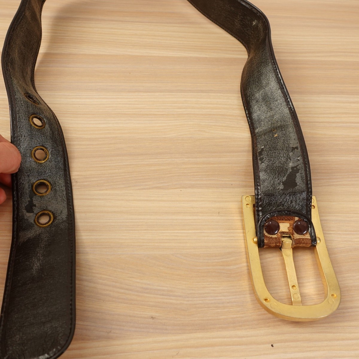 DIOR Belt XS 26 Leather Logo Canvas Brown Gold Buckle Chunky  display picture 2