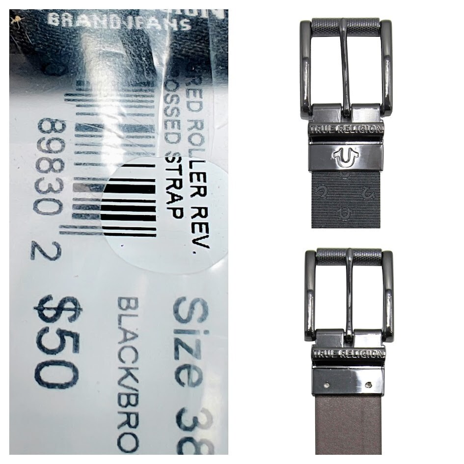 True Religion 38 W Reversible Belt Men's Double Sided Faux Black/Brown Logo  New thumbnail 2