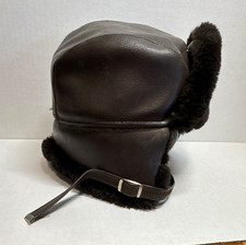 Vintage Brown Leather Trapper Hat Faux Fur Lined Ear Flap XL Made in USA
