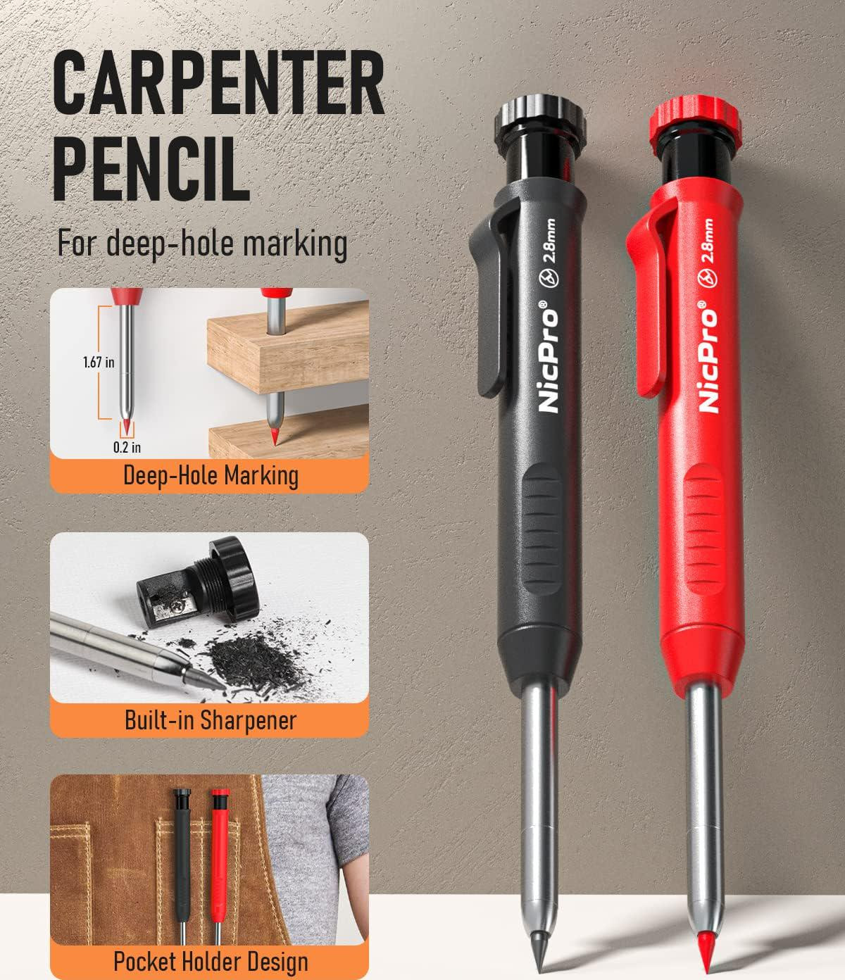 Nicpro Carpenter Pencil with Sharpener, Mechanical Pencils Set Black,Red