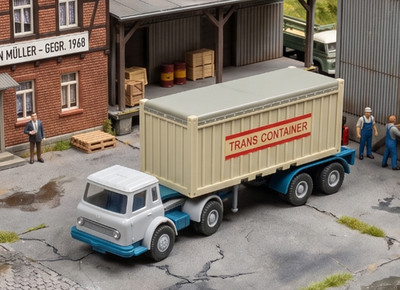 Wiking IH Open Top Container Sattelzug Trans Container Chassis komplett azurblau