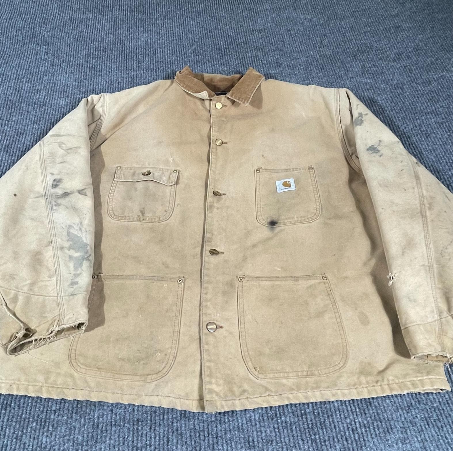 VTG Carhartt Jacket Mens 2XL Beige Carpet Lined Detroit Chore Barn Coat Grunge